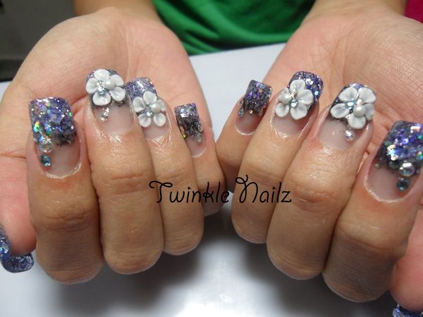 Purple French Tip Nails With White 3d Acrylic Flowers Nail Art