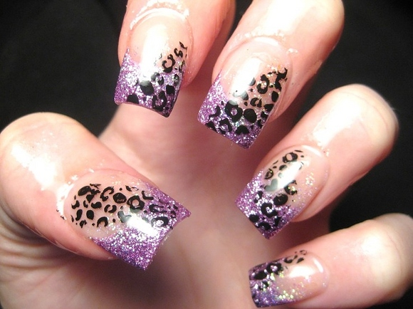 Purple Glitter French Tip And Leopard Print Nail Art
