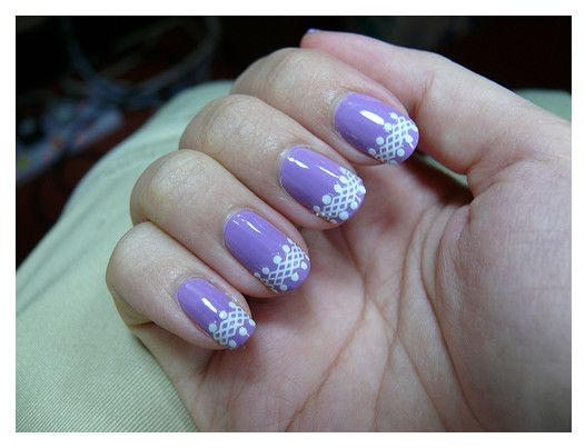 Purple Glossy Nails With White Tip Lace Nail Art
