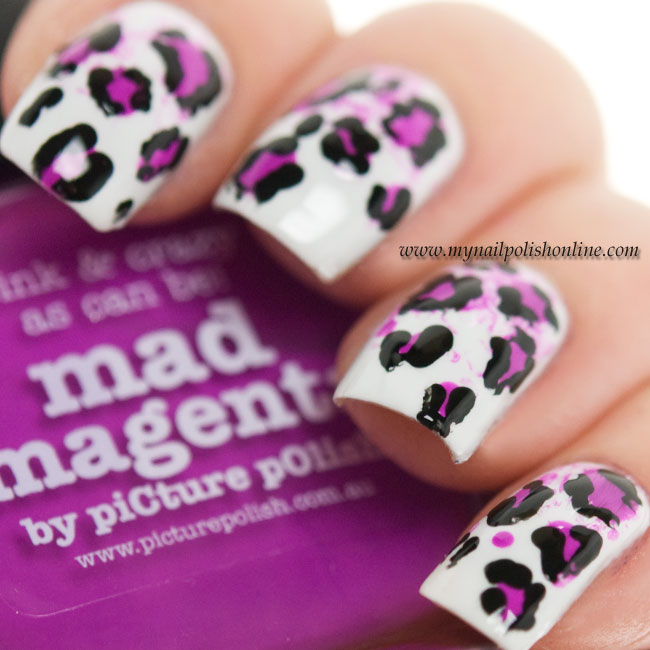 Purple Leopard Print Nail Art On White Base Nails