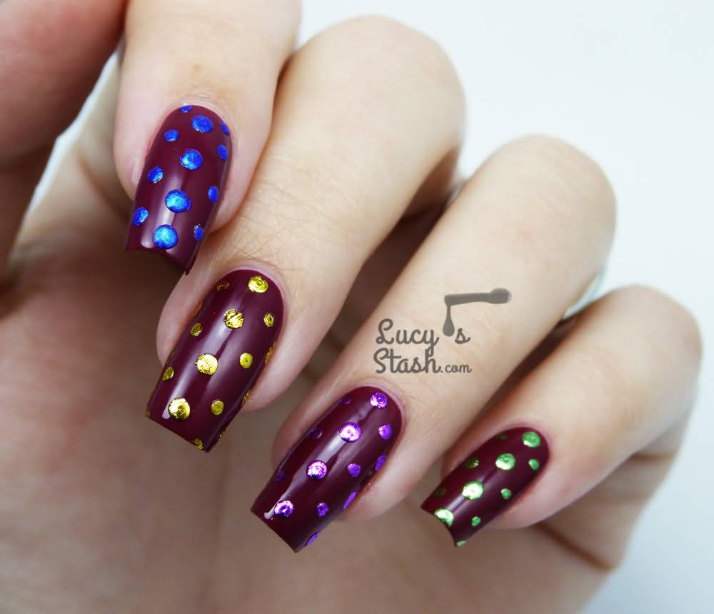 Purple Nails With Metallic Dots Nail Art