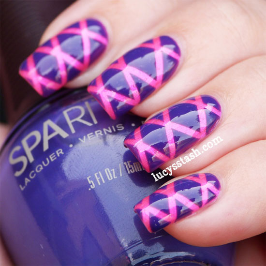 Purple Nails With Pink Stripes Acrylic Nail Art