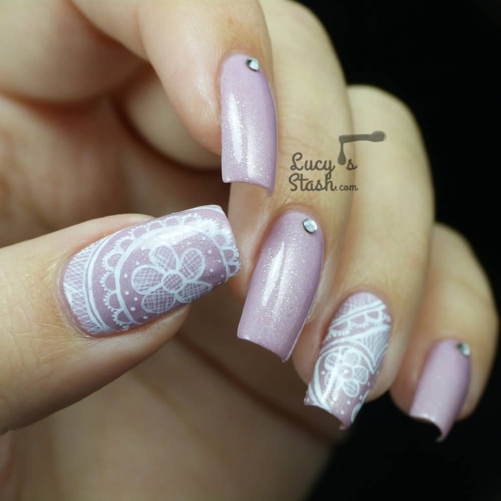 Purple Nails With White Lace Nail Art