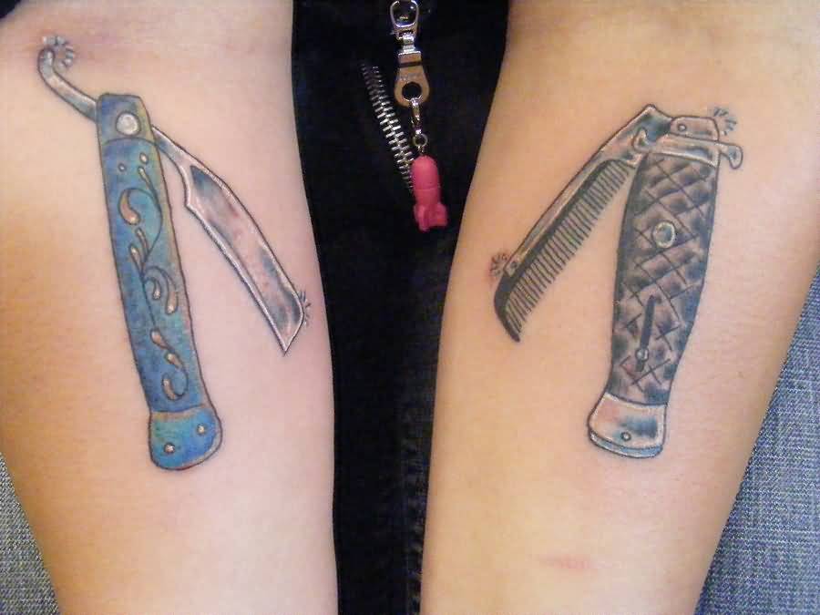 Razor And Comb Tattoo On Forearms