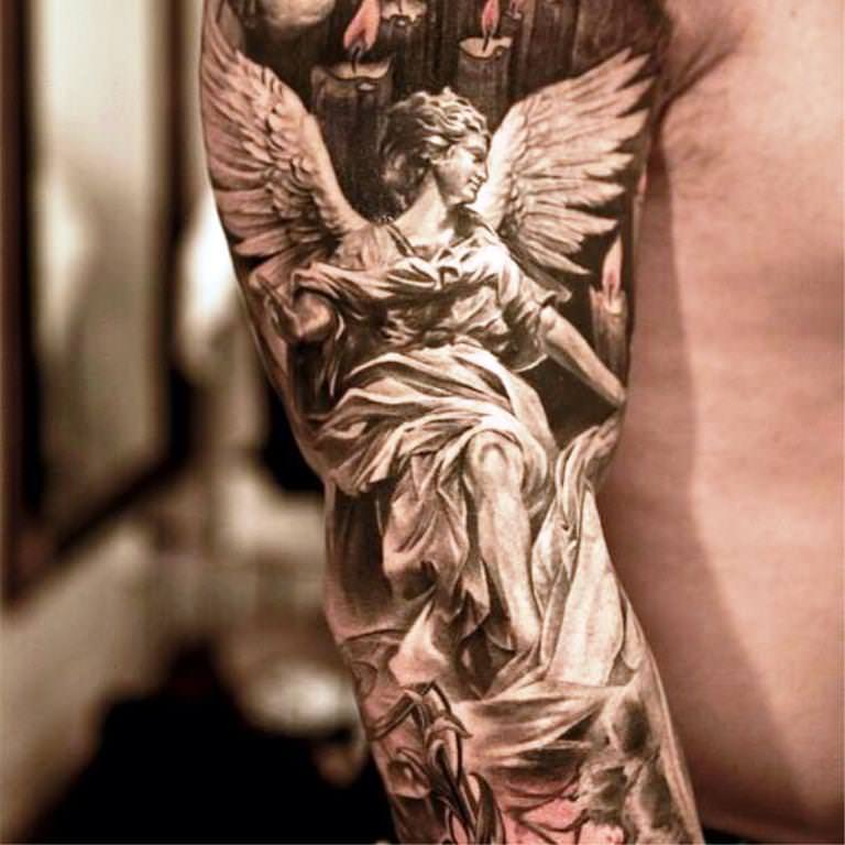 Realistic Archangel Tattoo On Right Sleeve