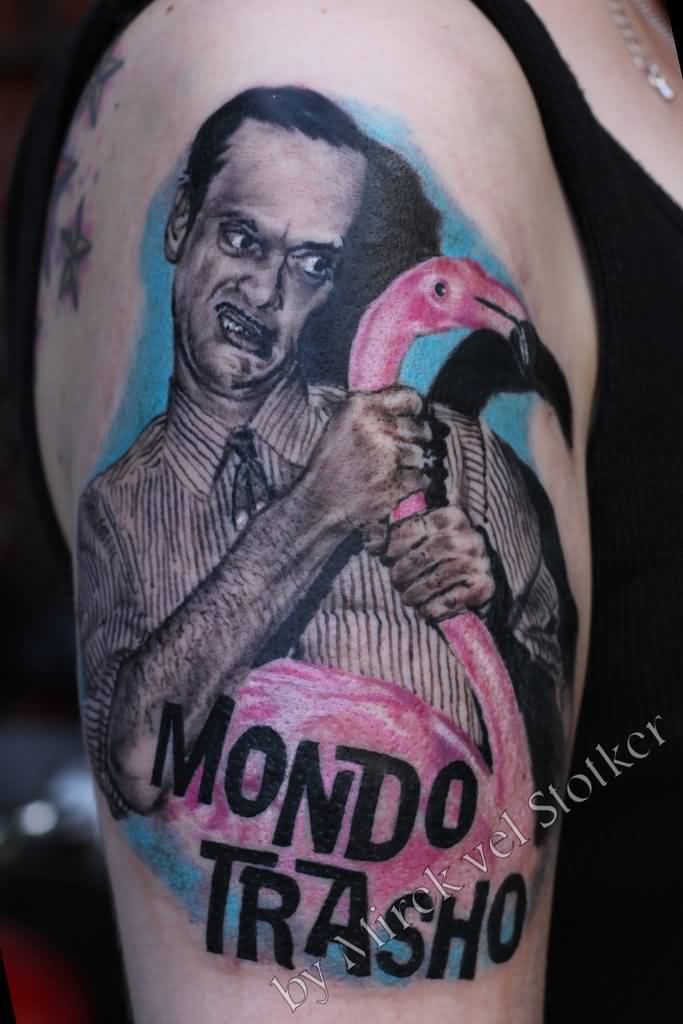 Realistic John Waters Holding Flamingo Neck Tattoo On Half Sleeve