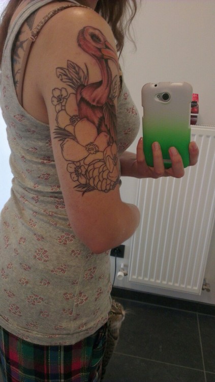 Realy Nice Flamingo With Flowers Tattoo On Half Sleeve For Girl