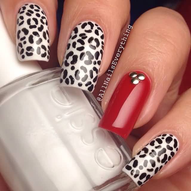 Red Accent Nails With Leopard Print Nail Art