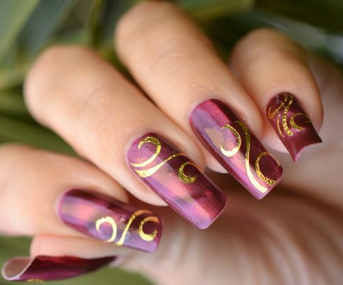 Red Acrylic Nail Art With Golden Stripes Design