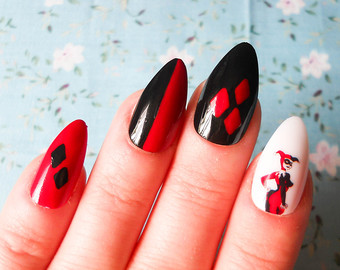 Red And Black Almond Acrylic Nail Design
