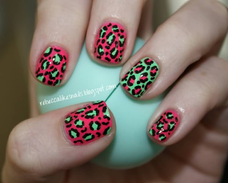 Red And Green Leopard Print Nail Art