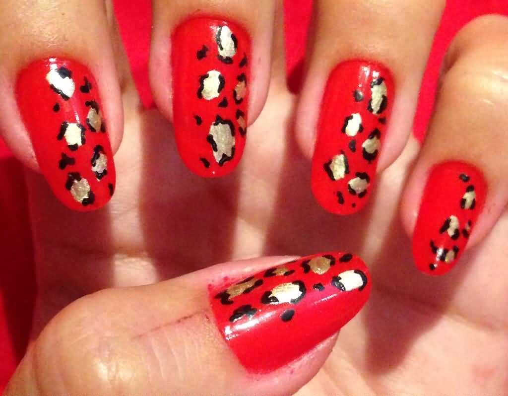 Red And Silver Leopard Print Nail Art
