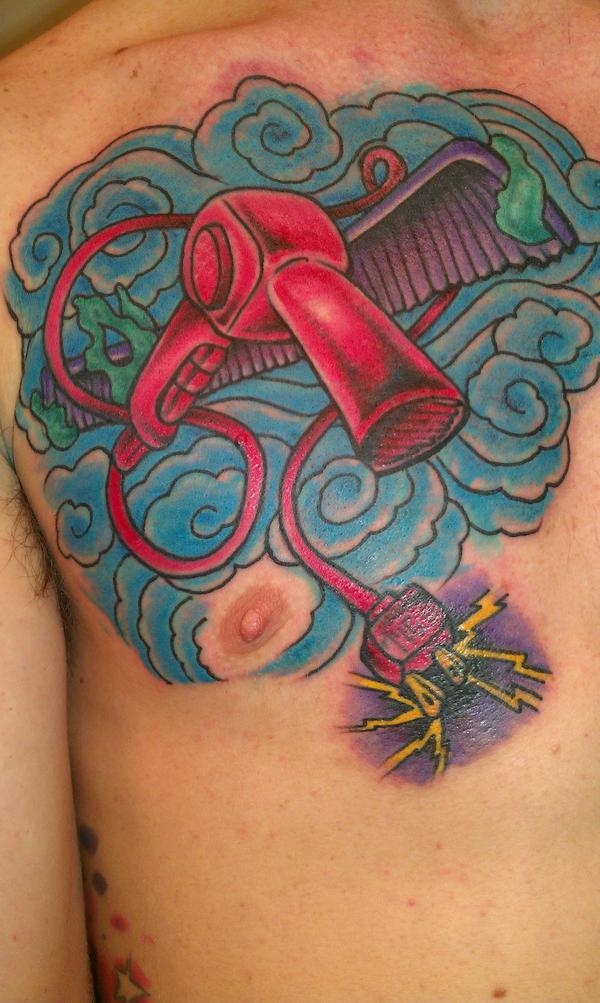 Red Color Blow Dryer With Blue Background Tattoo On Right Side Of Chest