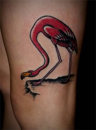 Red Flamingo Traditional Tattoo On Leg