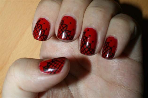 Red Glossy Nails With Black Lace Nail Art
