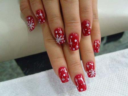 Red Glossy Nails With Snowflakes Design Acrylic Nail Art