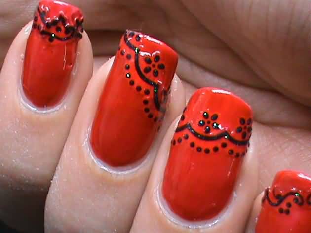 Red Nails With Black Lace Nail Art Design