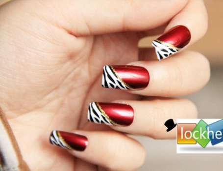 Red Nails With Diagonal Animal Print Acrylic Nail Art