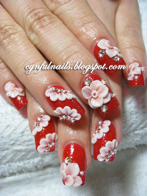 Red Nails With White Acrylic 3d Flowers Nail Art