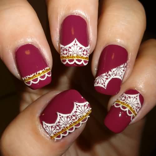Red Nails With White Lace Nail Art