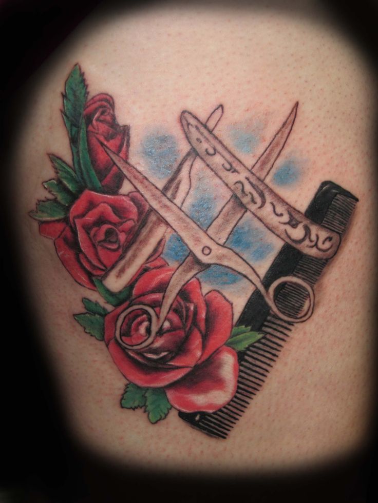 Red Rose With Scissor And Hair Comb Traditional Tattoo