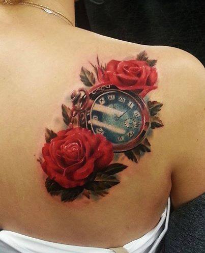 Red Roses And Clock Tattoo On Right Back Shoulder