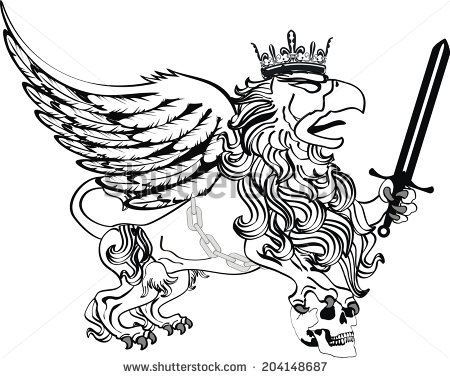 Roaring Griffin Wearing Crown And Holding Sword Tattoo Design