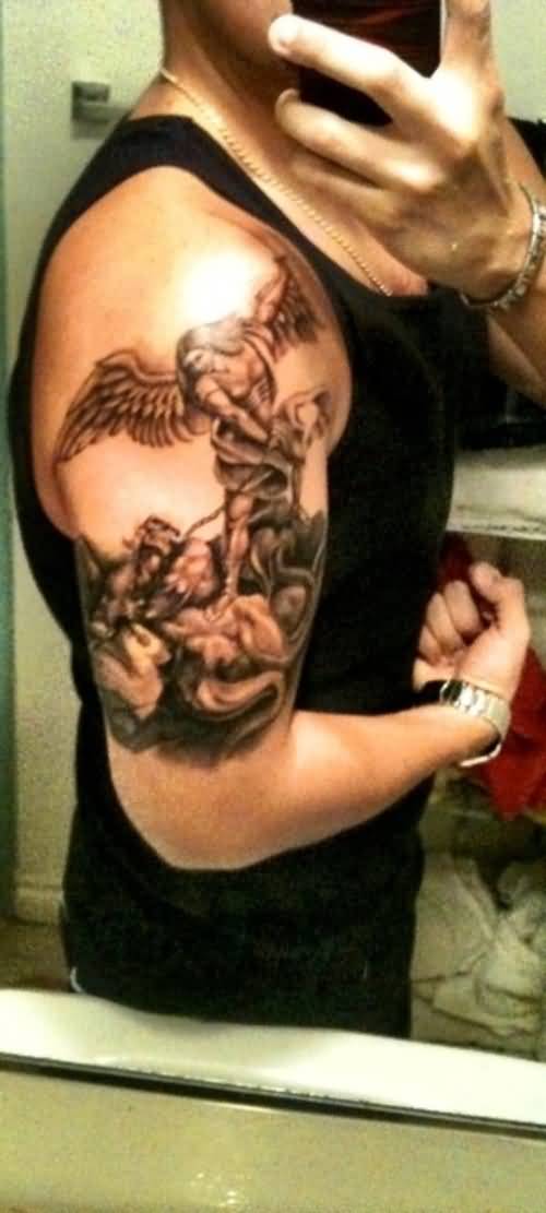Saint Michael Archangel Tattoo On Right Half Sleeve
