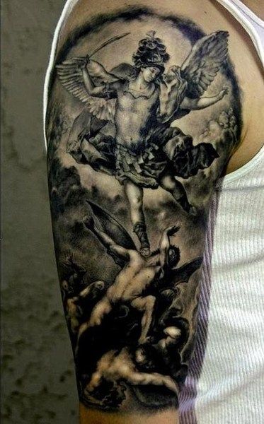 Saint Archangel Tattoo On Man Right Sleeve
