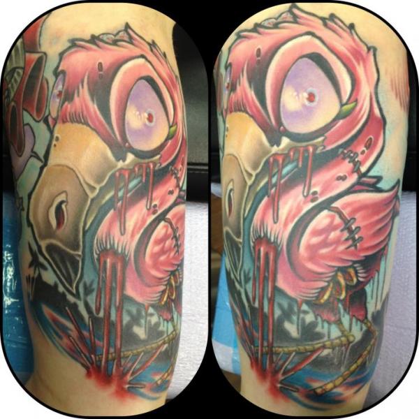 Scary Colorful Flamingo Tattoo On Half Sleeve