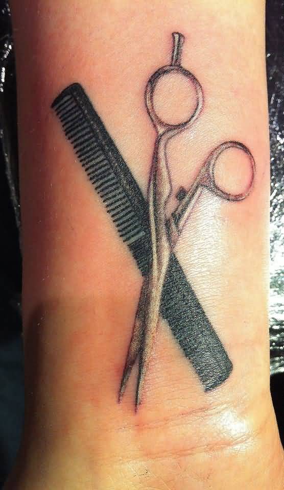 Scissor And Hair Comb Tattoo On Wrist