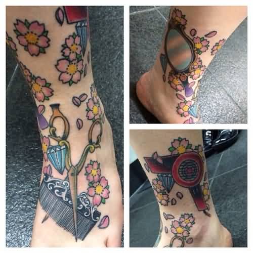 Scissor With Comb And Diamond, Flowers Tattoo On Foot And Leg