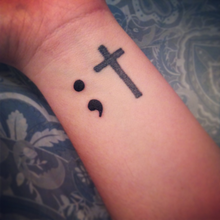 Semicolon And Cross Christianity Tattoo On Wrist