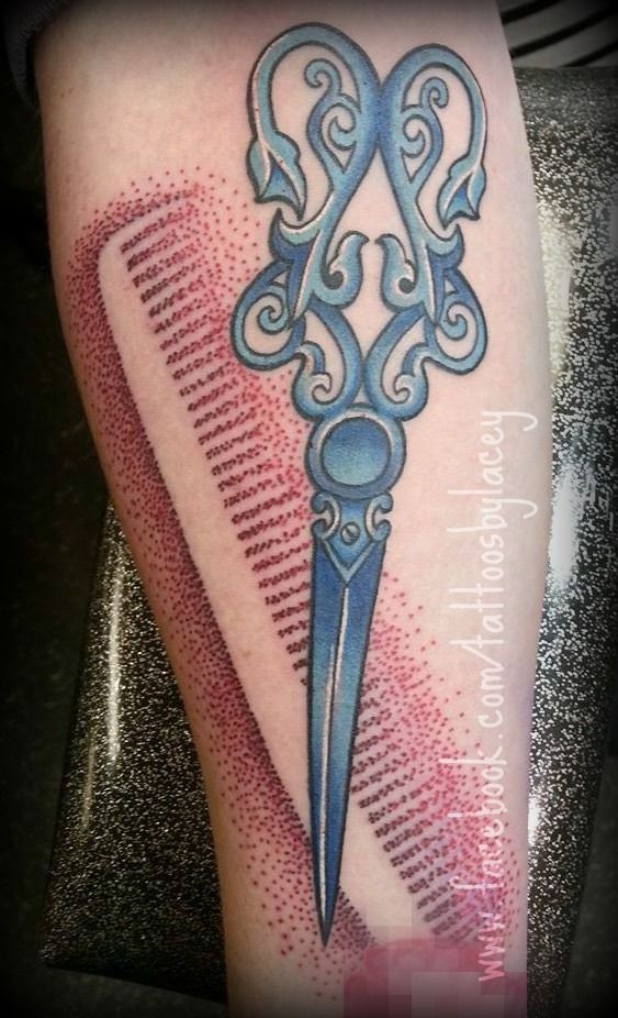 Shears And Hair Comb Dotwork Tattoo By Lacey Burnett