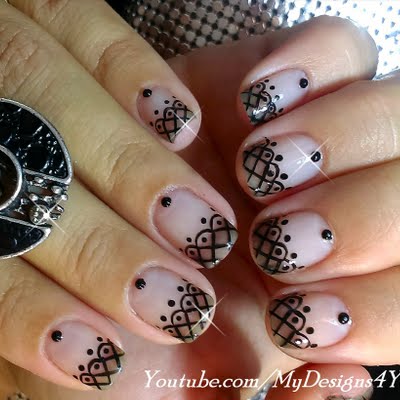 Sheer Black French Tip Lace Nail Art With Caviar Design