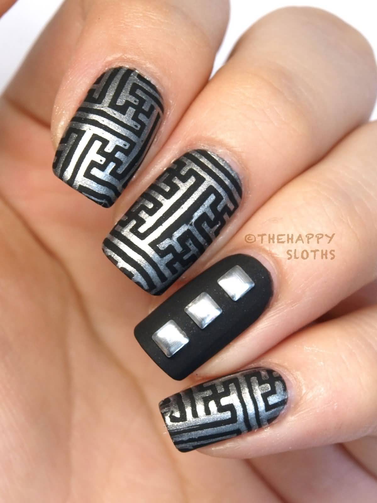 Silver And Black Beautiful Matte Nail Art Design