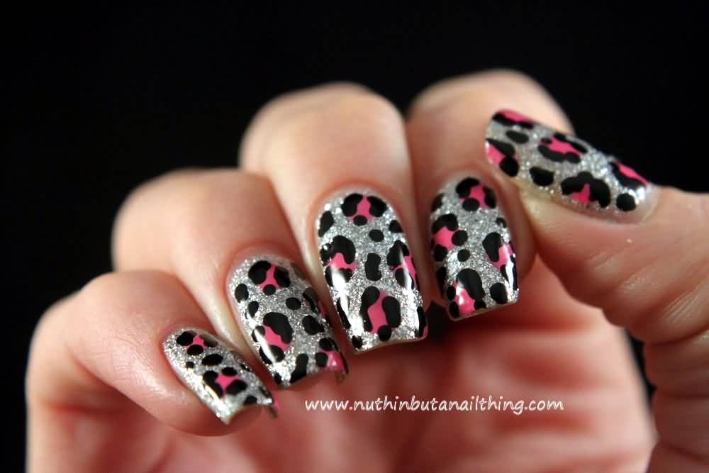 Silver And Pink Leopard Print Nail Art