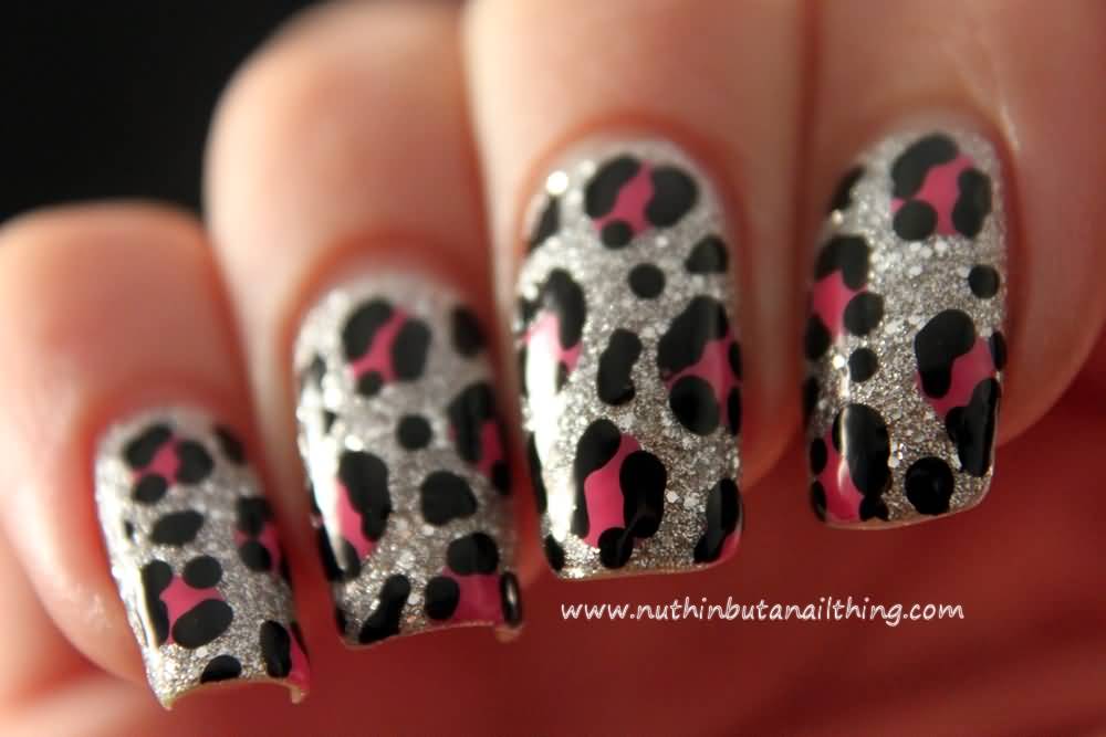 Silver Glitter And Pink Leopard Print Nail Art