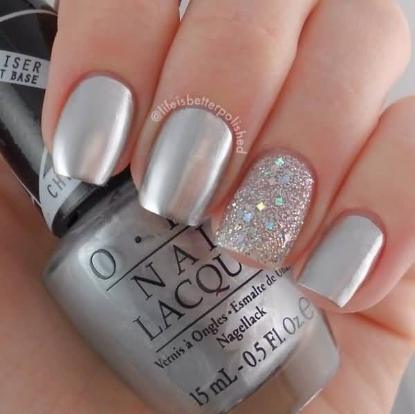 Silver Metallic Nail Design With Accent Glitter Nail