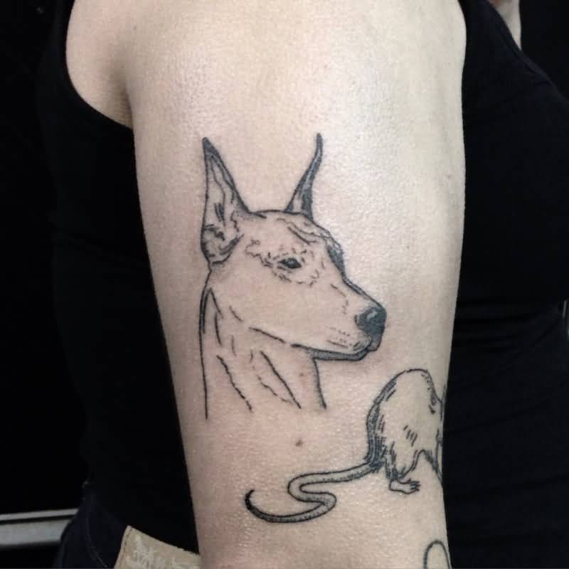 Simple Black Contour Doberman Head With Rat Tattoo On Half Sleeve