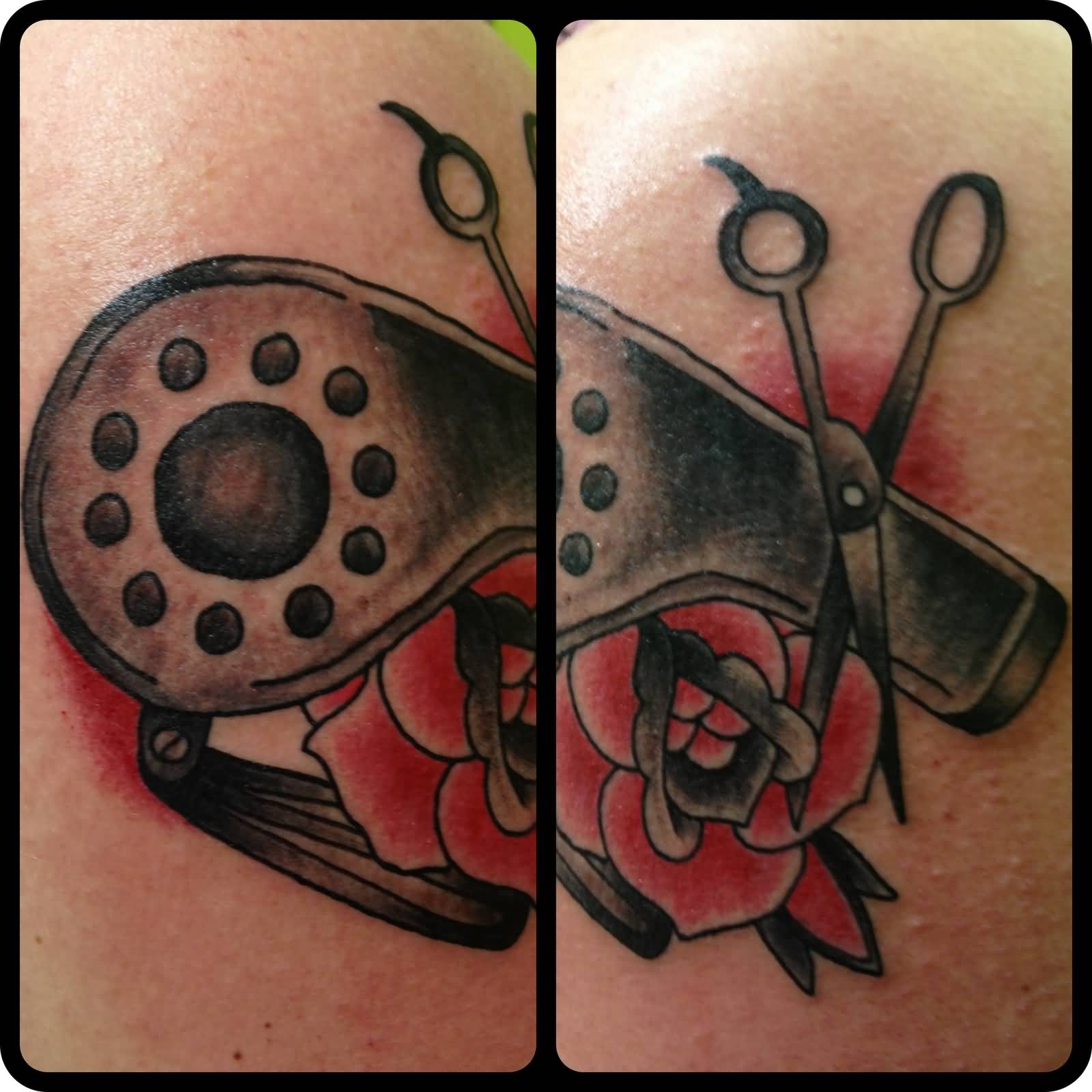 Simple Blow Dryer With Red Flowers And Scissor Tattoo