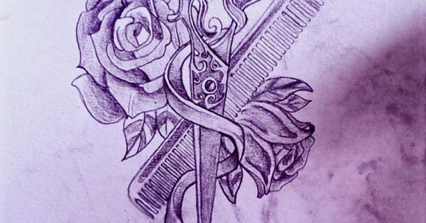 Simple Comb With Scissor And  Rose Tattoo Design