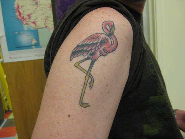 Simple Red Flamingo Tattoo On Half Sleeve