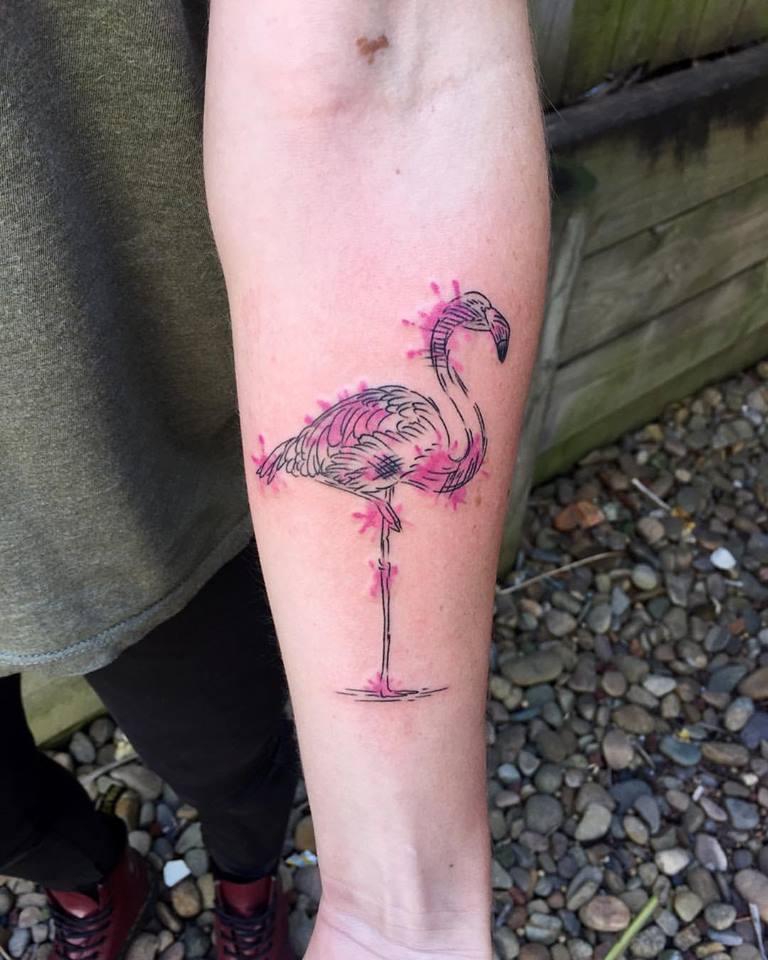 Simple Watercolor Flamingo Tattoo On Forearm