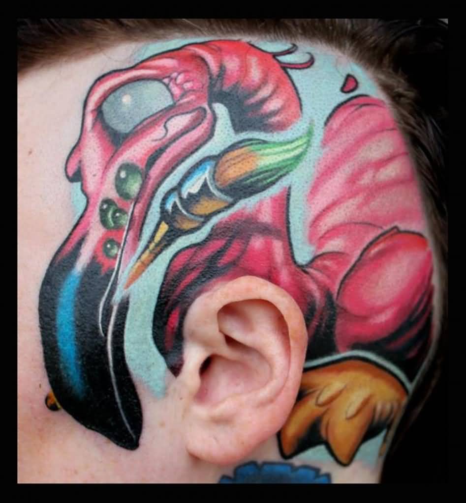 Simply Outstanding Flamingo With Paint Brush Tattoo On Head