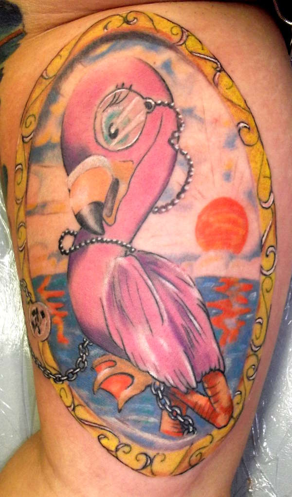 Sir Baby Flamingo In Great Frame Tattoo On Half Sleeve