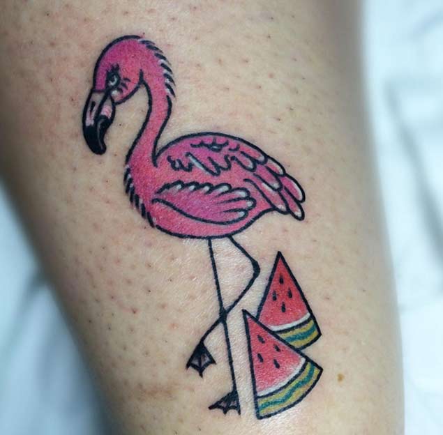 Small Flamingo With Two Pieces Watermelon Tattoo By Baiza Duran