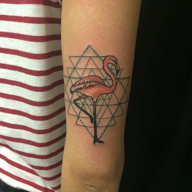 Small Orange Geometric Flamingo Tattoo On Half Sleeve