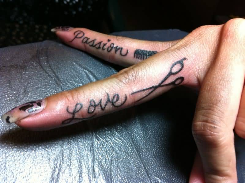 Small Scissor And Hair Comb With Love And Passion Texts Tattoo On Both Fingers