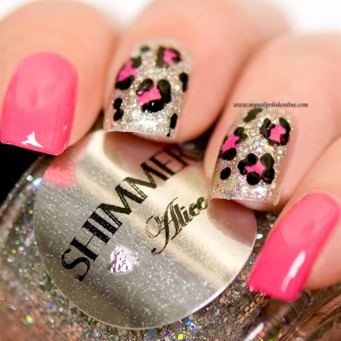 Sparkle Nails With Pink Leopard Print Nail Art